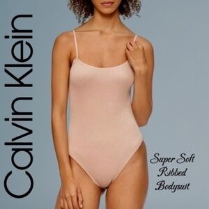 CALVIN KLEIN Pure Ribbed Scoop Neck Bodysuit in Almond NWT/XL
